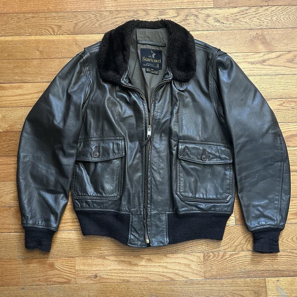 Vintage 60s 70s Startown USN Military Brown Leather Flight Bomber Jacket 46